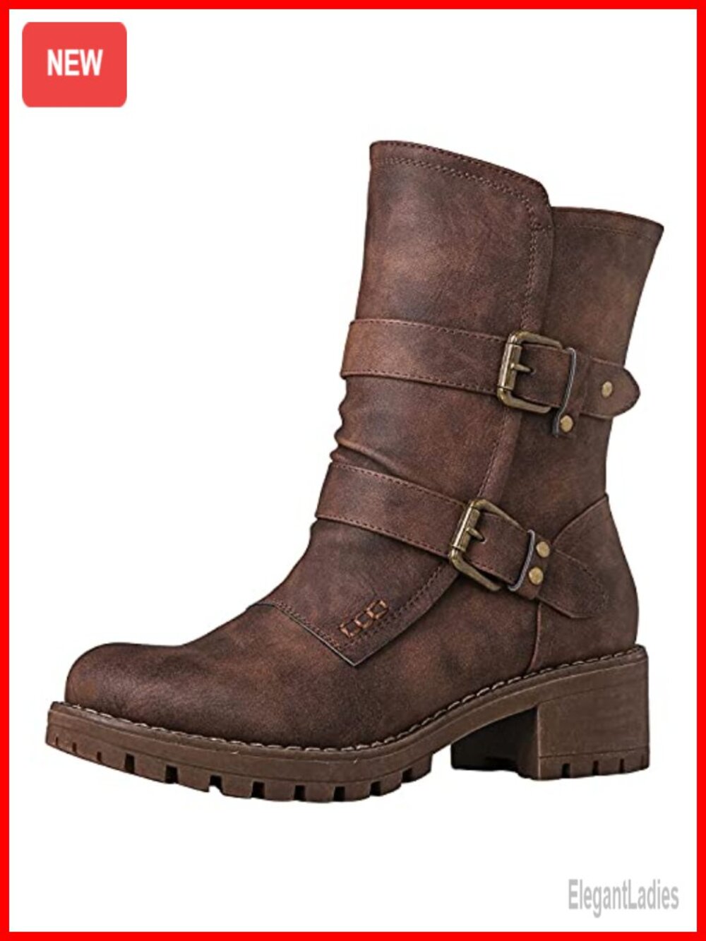 Women's Faux Leather Ankle Boots Faux Fur Lined Moto Booties Adjustable Buckles